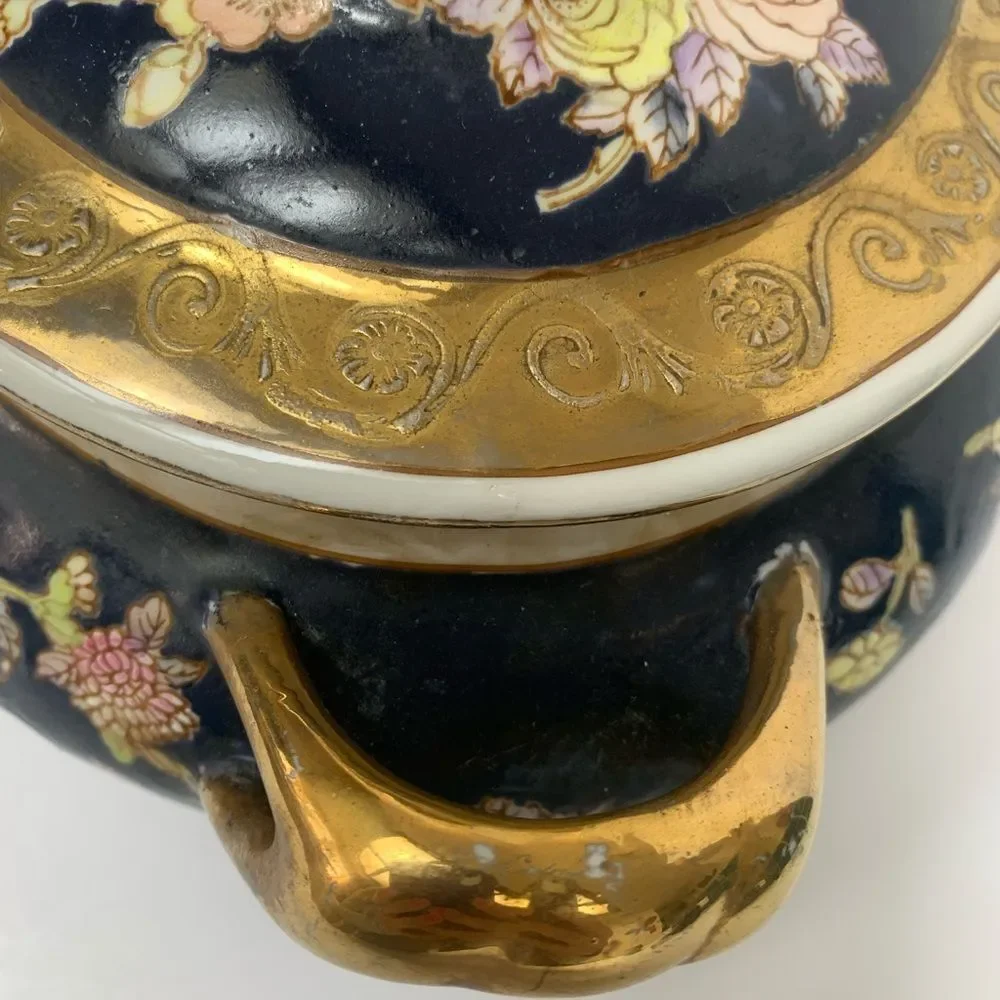 Antique Hand-Painted Porcelain Tureen Chinoiserie Satsuma style Blue Gold Gilt